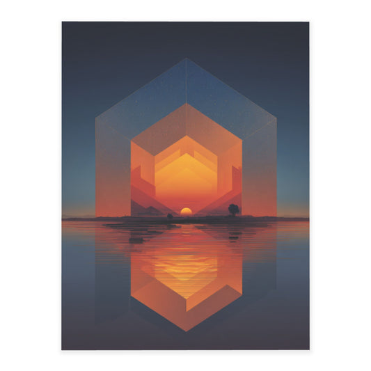 Geometric Sunset Illusion Wall Art – Abstract Geometric Sunset & Lake Scene Canvas
