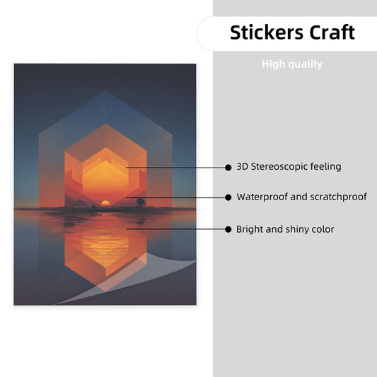 Geometric Sunset Illusion Wall Art – Abstract Geometric Sunset & Lake Scene Canvas