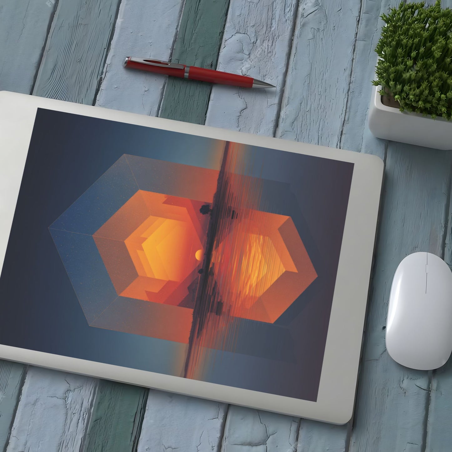 Geometric Sunset Illusion Wall Art – Abstract Geometric Sunset & Lake Scene Canvas